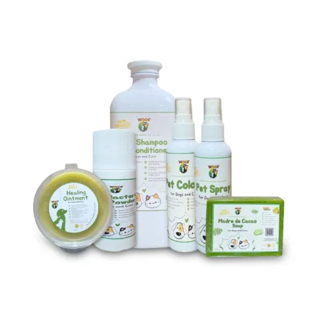 Sixsik Kit: 1 shampoo w/ conditioner (500ml), 1 MDC soap (135g), 1 pet cologne (100ml), 1 anti-bacterial powder (50g), 1 healing ointment (100g), 1 pet spray (100ml)